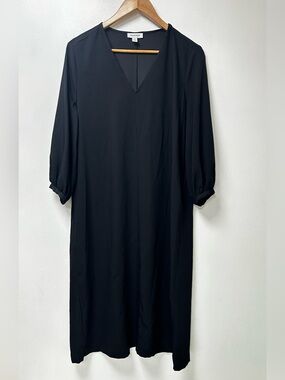 Nordstrom Black V-Neck Midi Shift Dress Relaxed Fit 3/4 Puff Sleeve Size XS